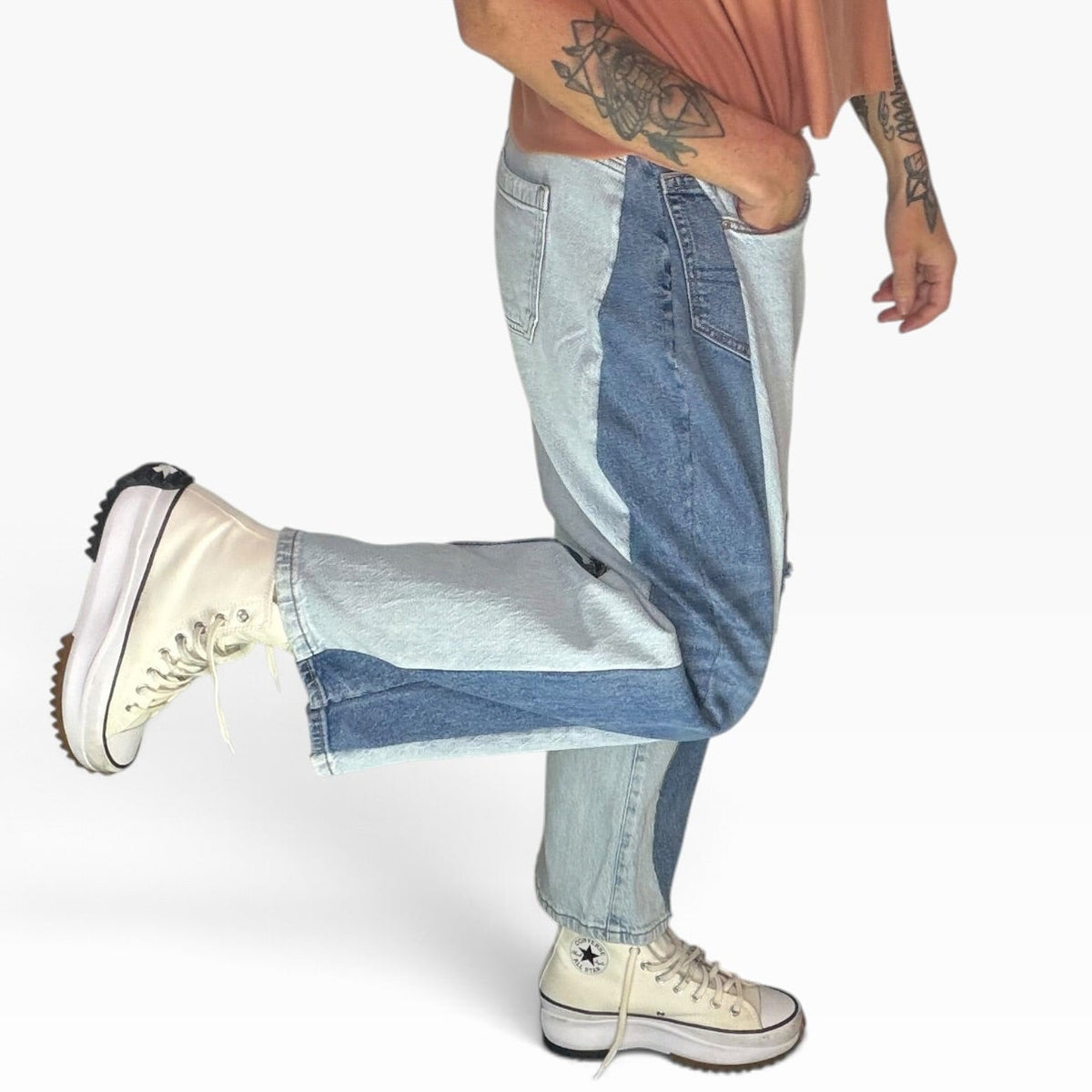 Patchwork Denim Barrel Leg Jeans with Distressed Details