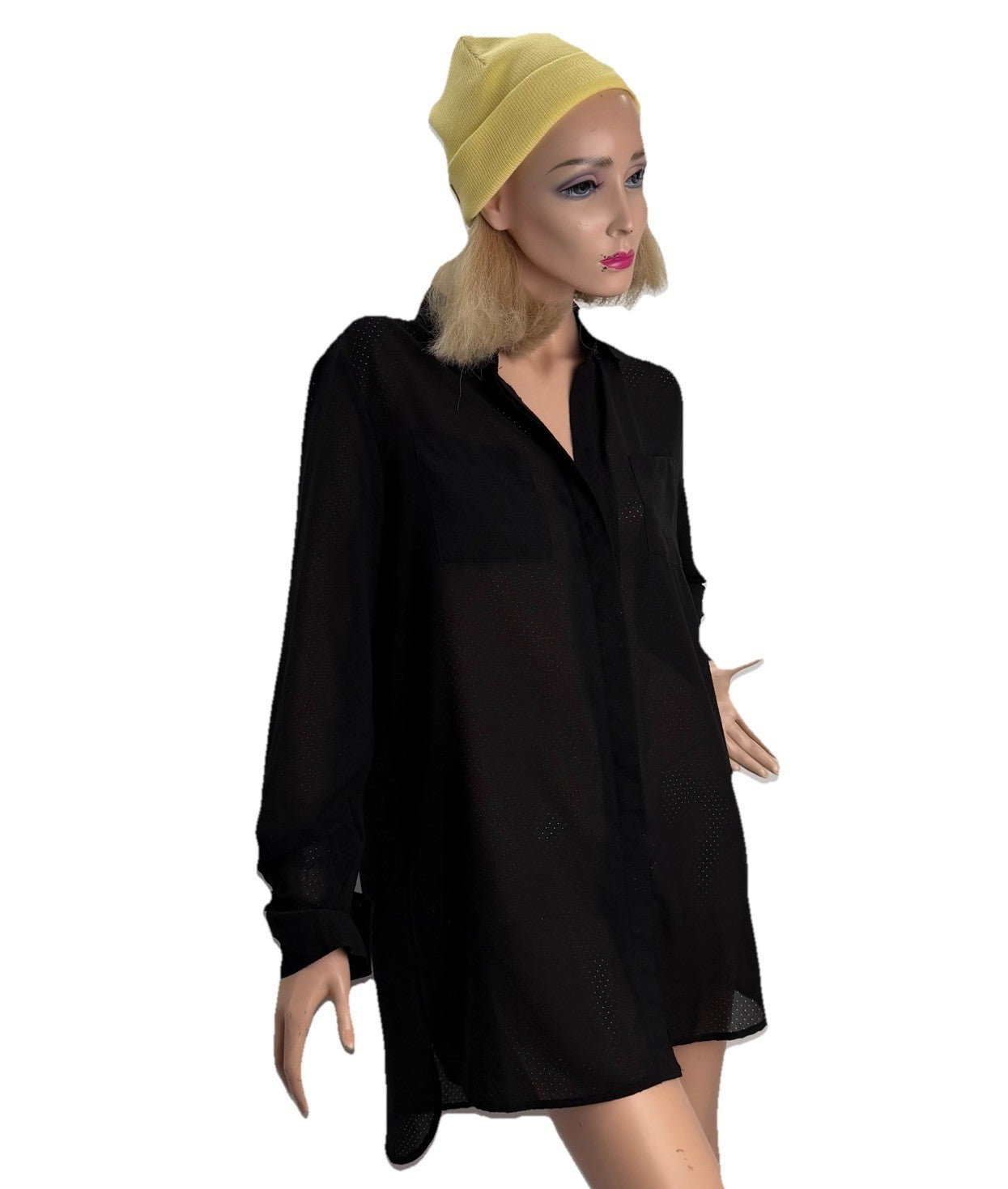 Covet Sheer Black Button Down Blouse Dress Longer Back Women’s Size Small