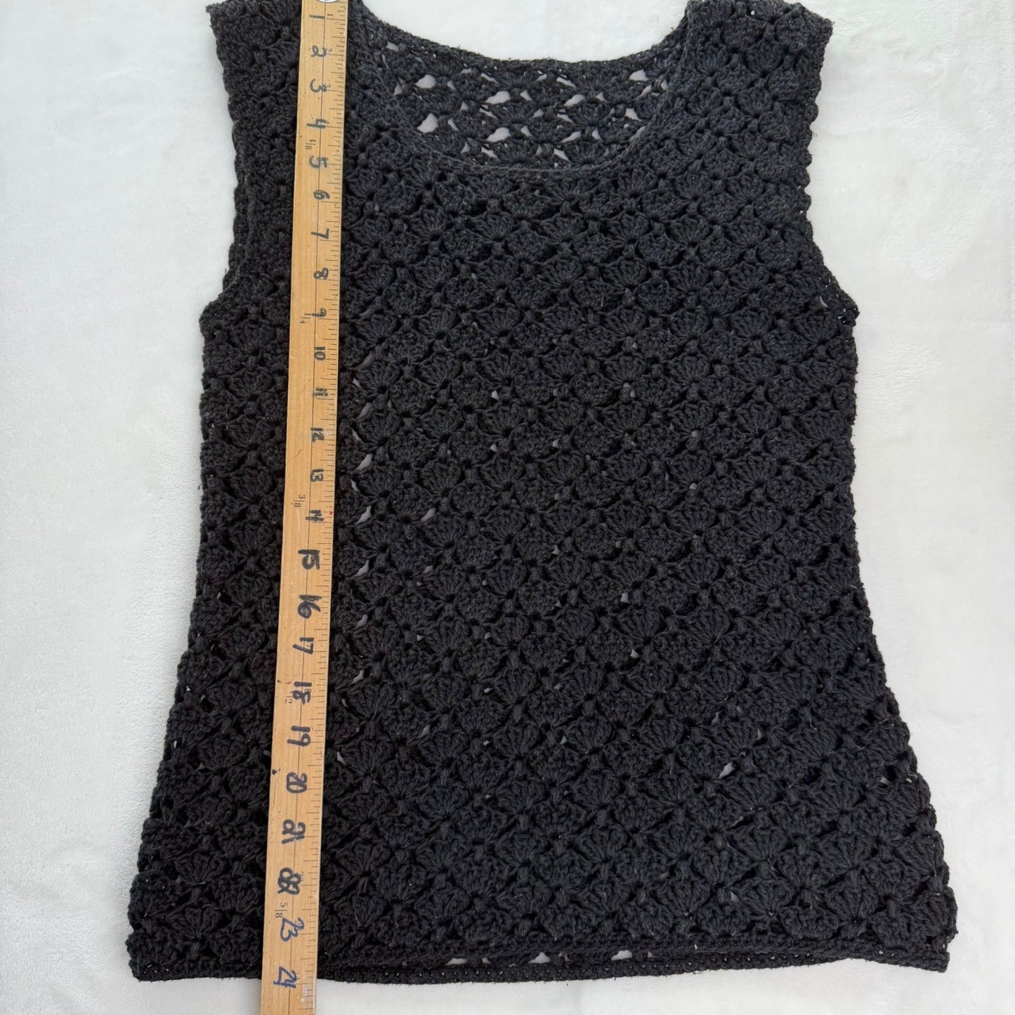 Vintage Crochet Tank Top Black Open Knit Shell Stitch Boho Parisian Chic Small