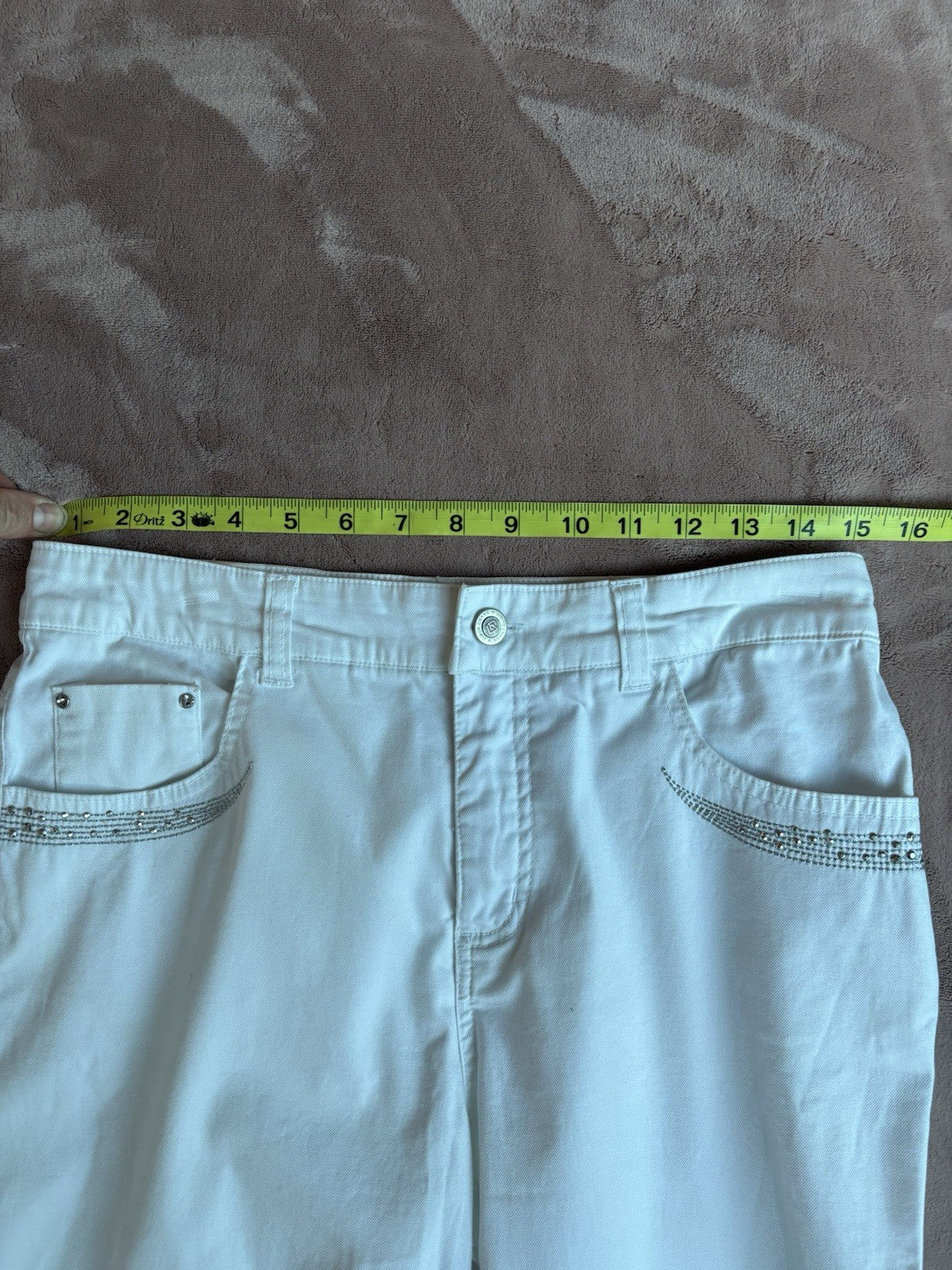 Women's White Capri Simon Chang Jeans Size 4 Crystal Detail Pockets Leg Zippers