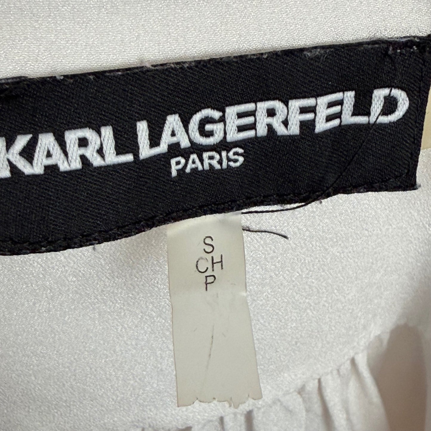 Karl Lagerfeld Paris White Pleated Pearl Button Blouse Mandarin Collar Small