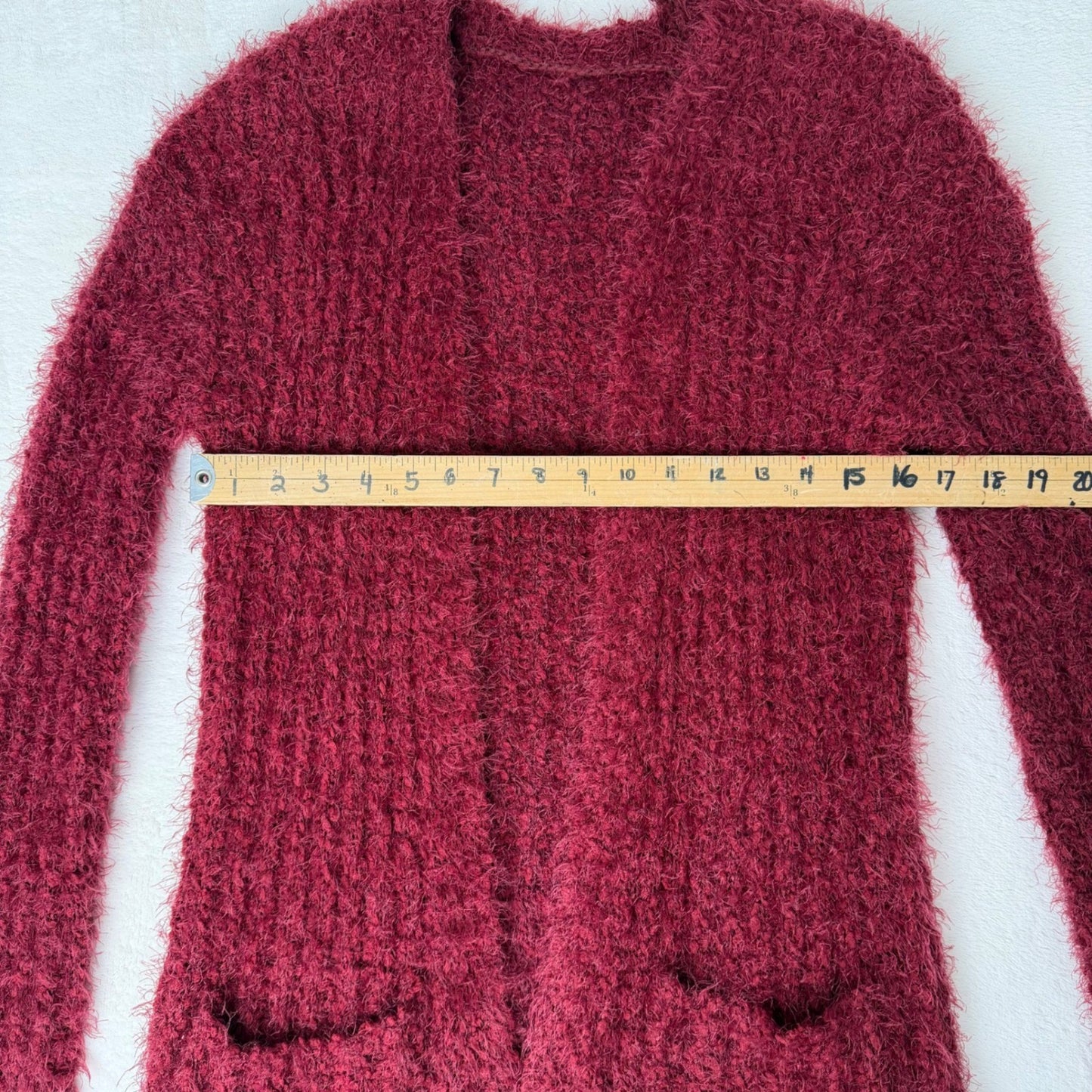Burgundy Eyelash Knit Open Front Cardigan Sweater with Pockets Longline Fuzzy