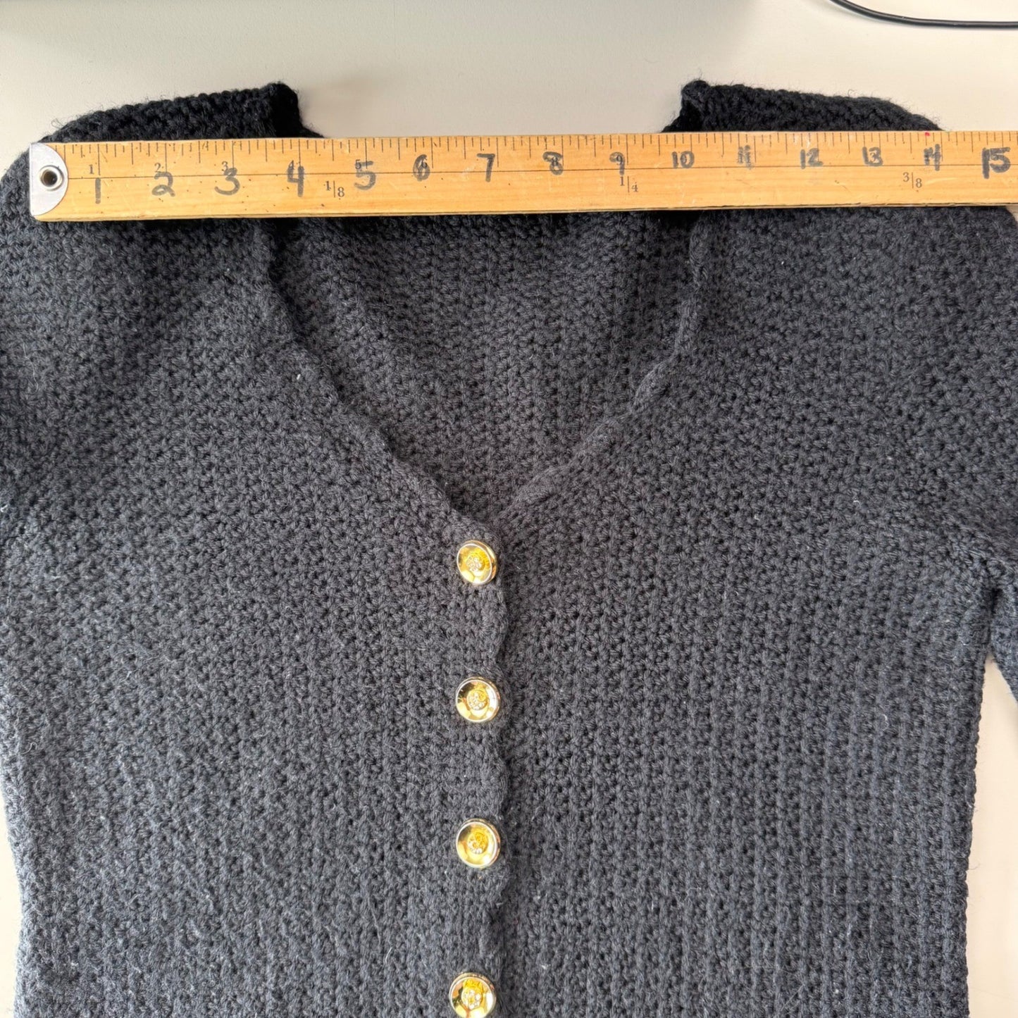 Handmade Vintage Crochet Cardigan Gold Rhinestone Buttons Coquette Black Small