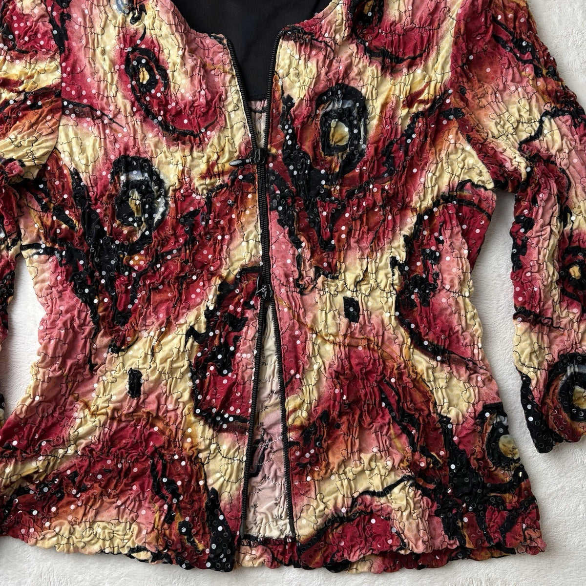 Vintage Handmade Black Red Sequins Crinkle Top OOAK Whimsigoth Witchy Y2K M