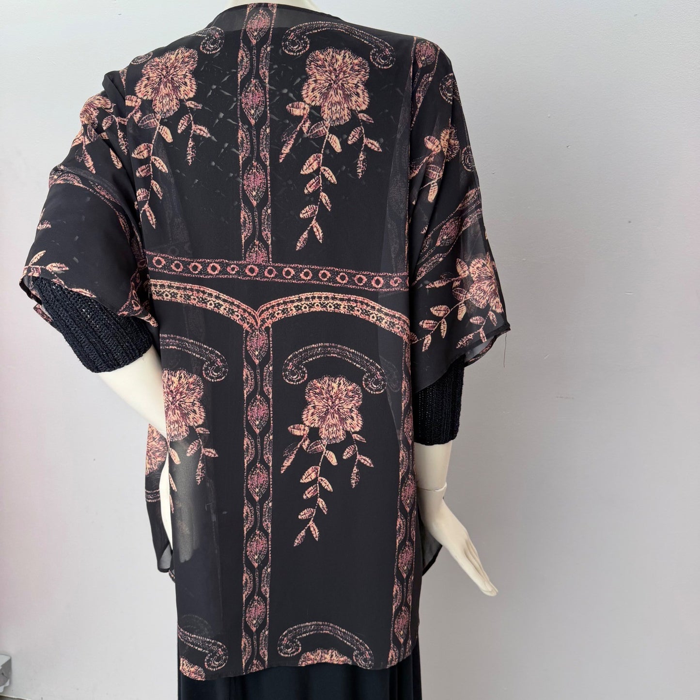 Womens Sheer Black Floral Kimono Wrap Open Front Draped Chiffon Boho Romantic