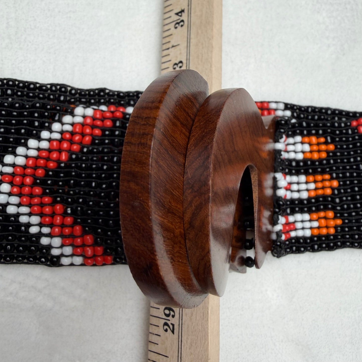 Vintage Beaded Belt Geometric Wood Hook Buckle Boho Southwestern Black OS