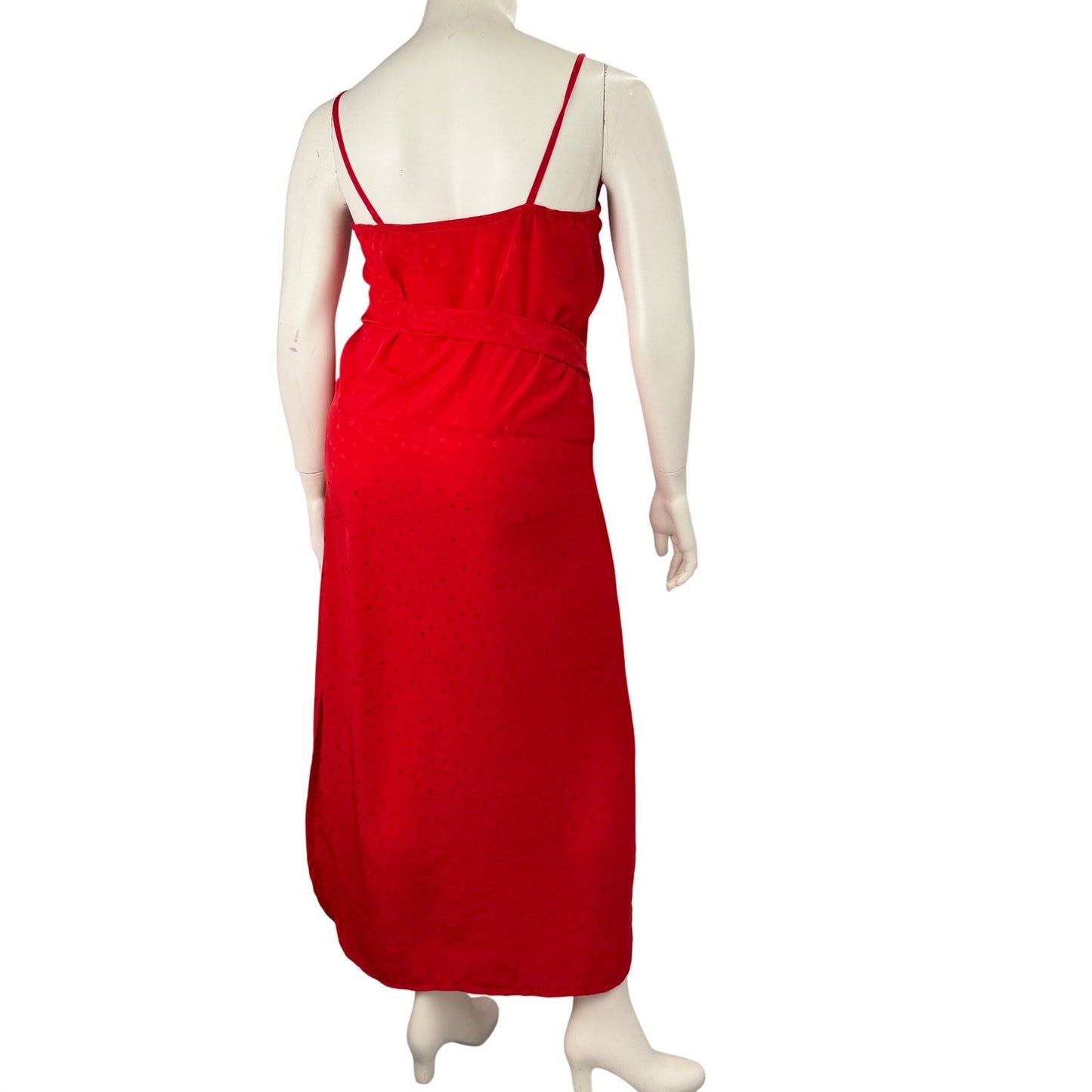 Handmade Red Polka Dot Satin Maxi Dress Tie Waist Side Slit Sexy