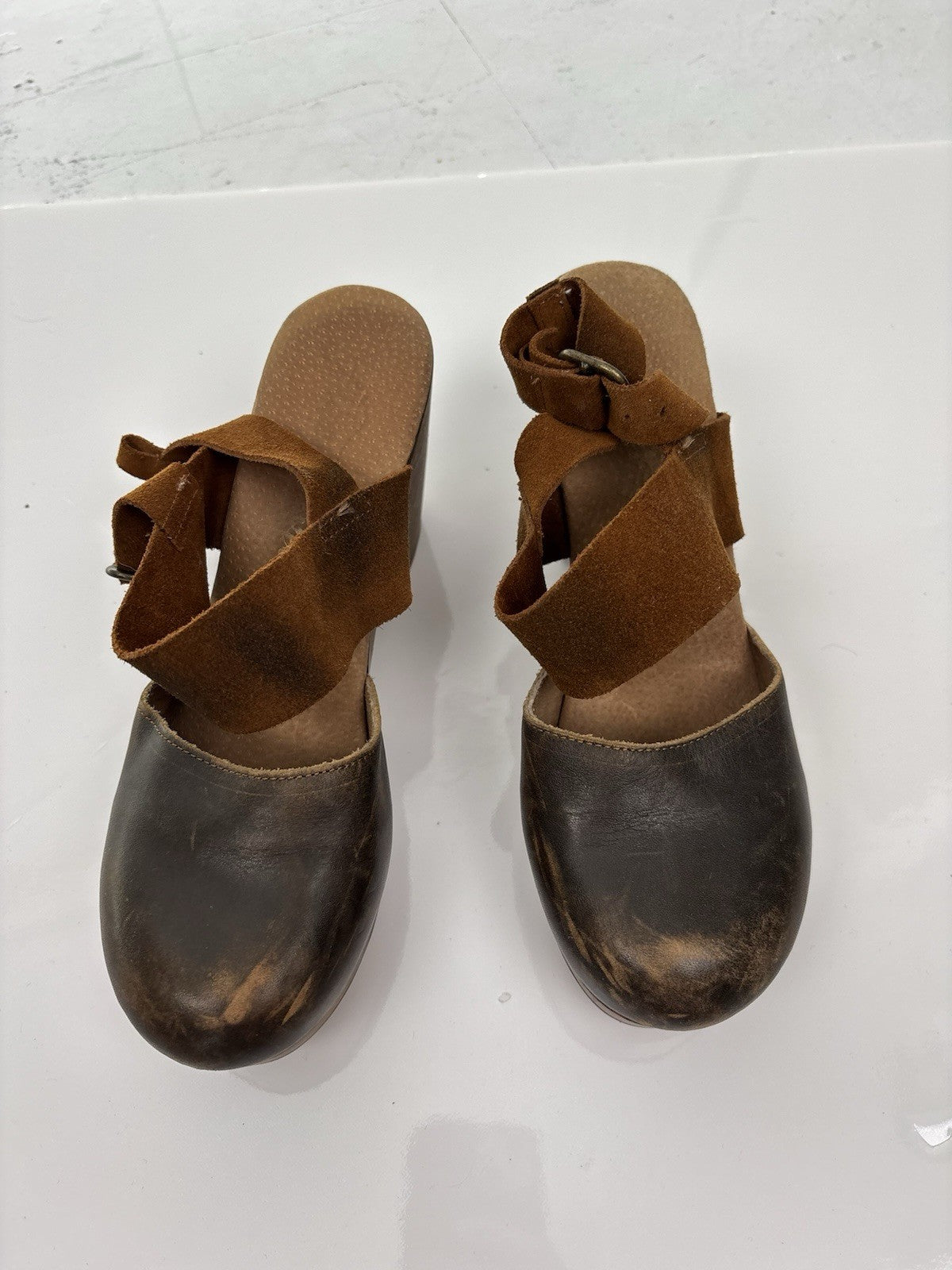 Free People Women’s Clogs Festival Boho Hippy Brown Leather Distressed Size 7.5
