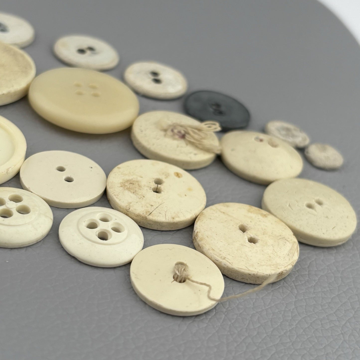 Antique Casein + Fabric Buttons Lot – Natural Ivory Beige Mix ~35pcs Early 1900s