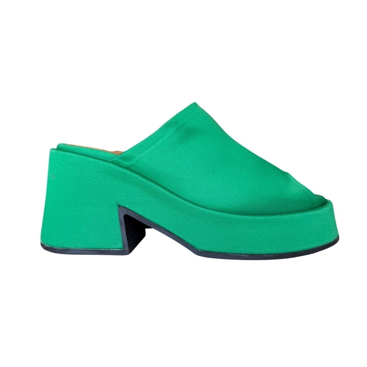 GANNI Platform Mule Slide Sandal Green Satin Block Heel Scandi Maximalist 40