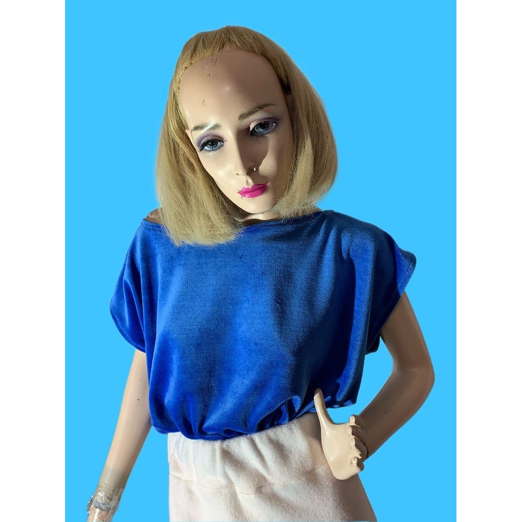 ladies handmade canadian designer plush blue boatneck baggy shortsleeved crop top