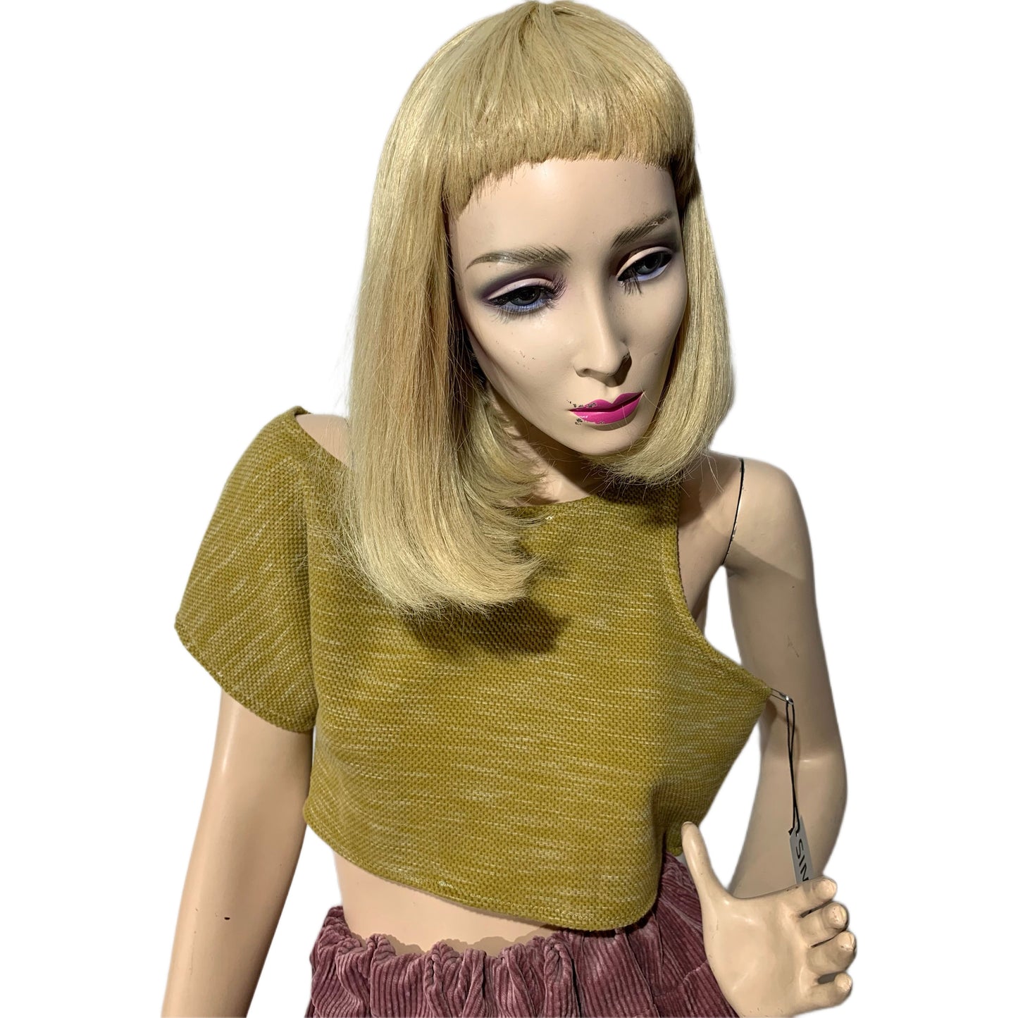 womans handmade mustard color one sleeved crop top
