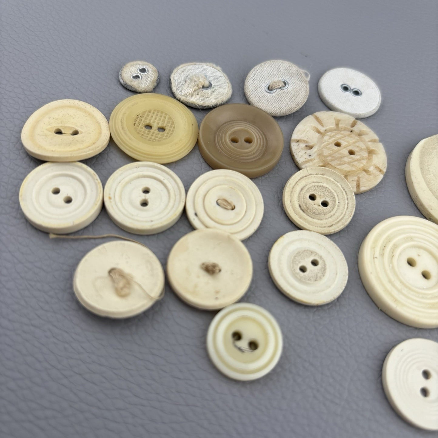 Antique Casein + Fabric Buttons Lot – Natural Ivory Beige Mix ~35pcs Early 1900s