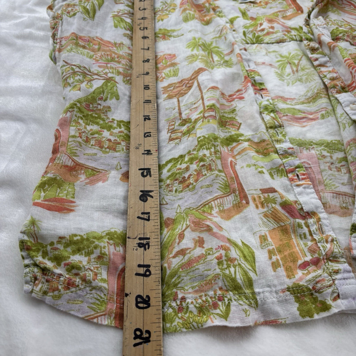 Cynthia Rowley 100% Linen Crop Shirt M Tropical Coastal Resort Print Button Vaca