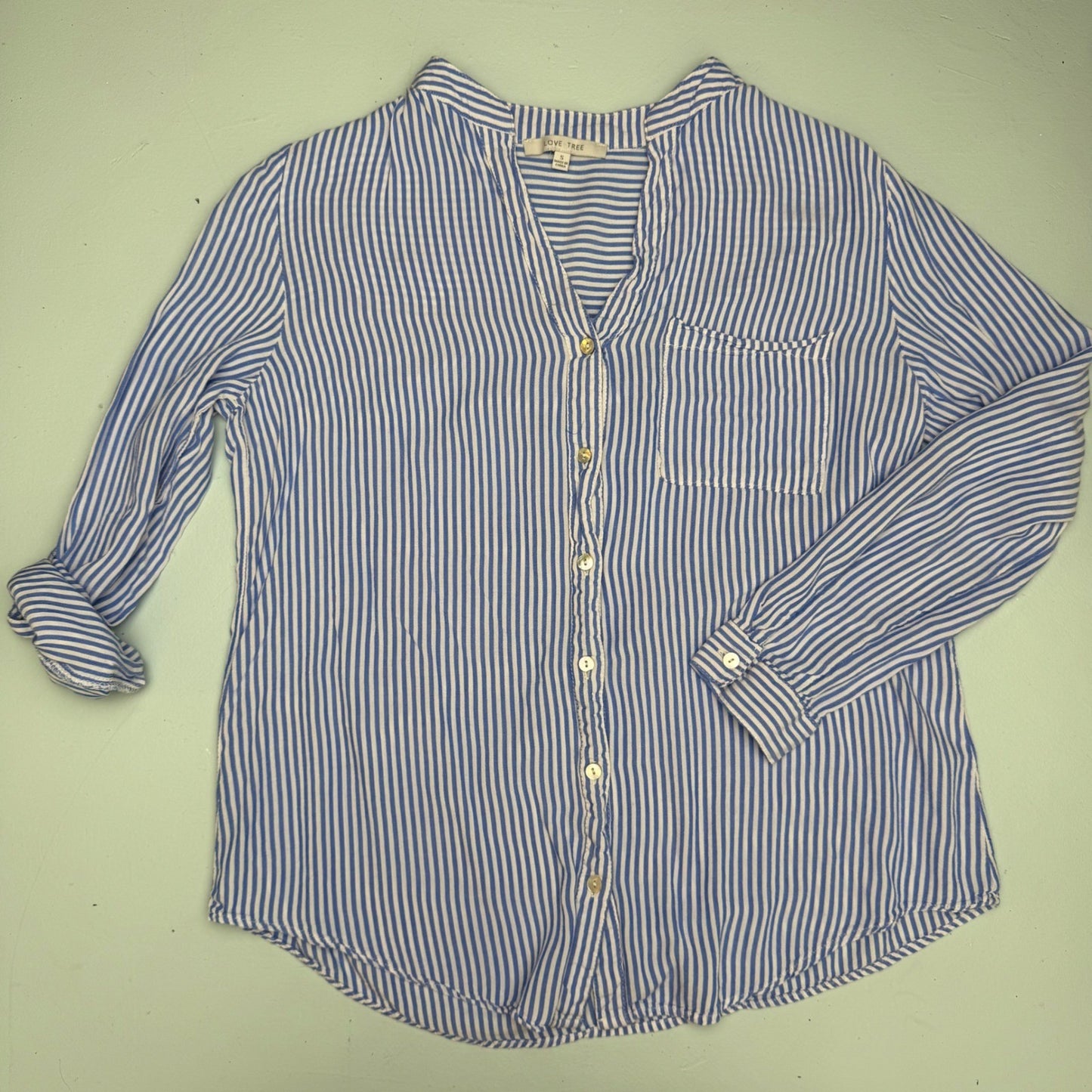 Love Tree Striped Button Down Shirt nautical Preppy Coastal Grandmother Sz S