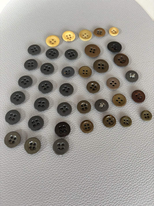 Vintage Lot Of 40 Brown Grey Beige Green Four Hole Buttons. Celluloid Glass