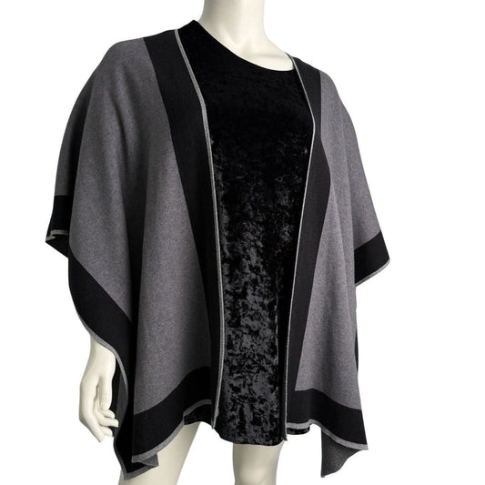 Womens Grey + Black Poncho Cape Wrap  Cottagecore Quiet Luxury Vanillacore OSFA