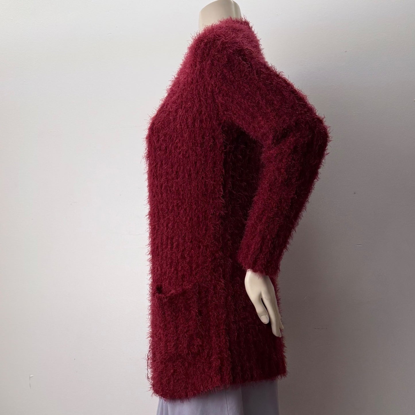 Burgundy Eyelash Knit Open Front Cardigan Sweater with Pockets Longline Fuzzy