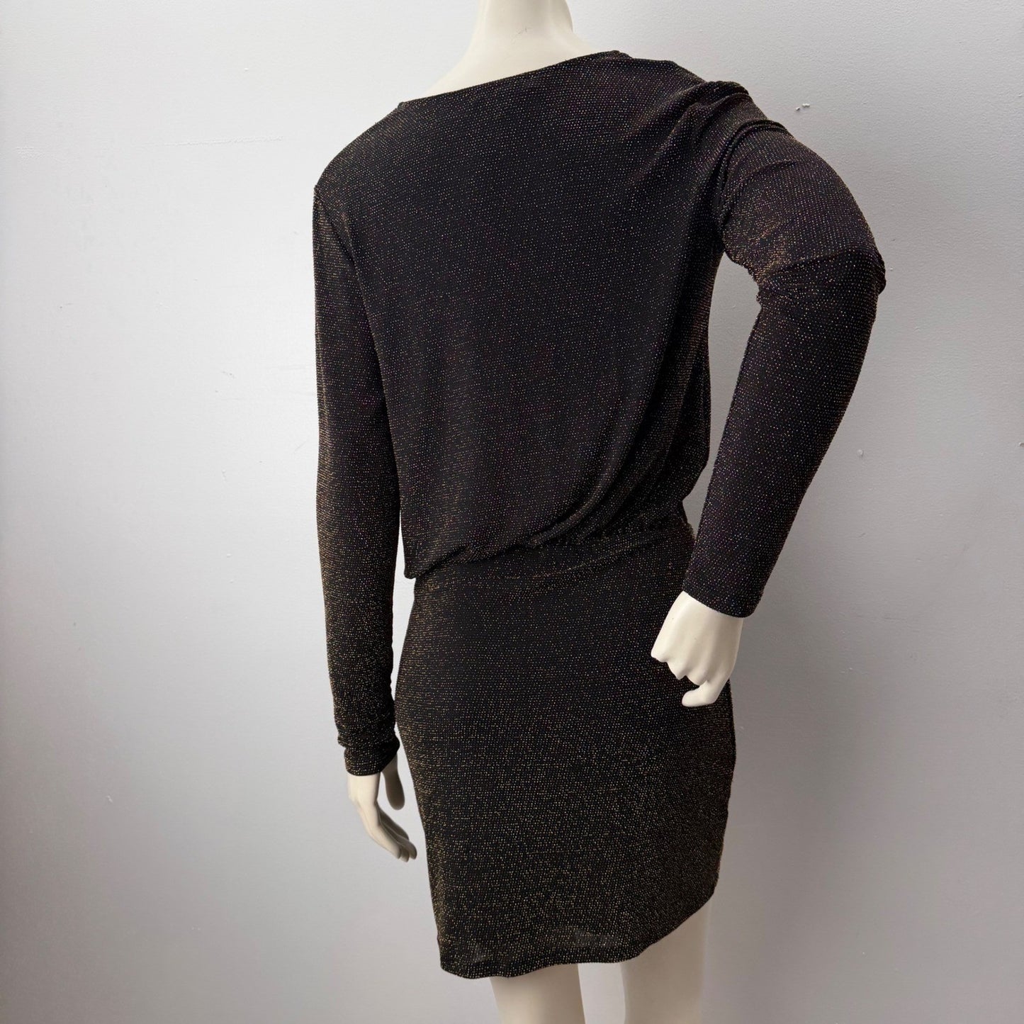 Dynamite Gold Shimmer Black Dress Ruched Long Sleeve Y2K Goth Indie Sleaze M
