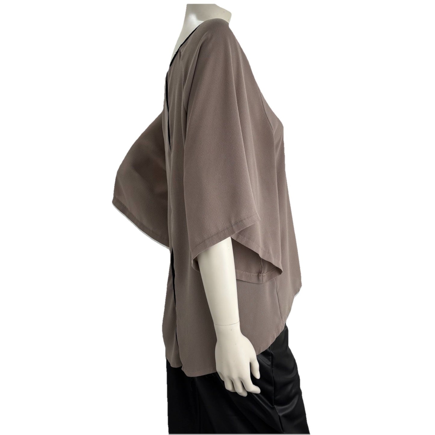 Vanessa Collezione Italy Sheer Flutter Sleeve Blouse Taupe Black Trim Sz Small