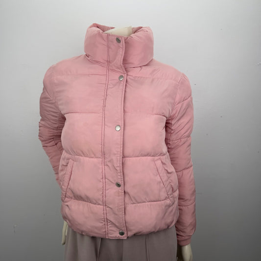 Pink Puffer Jacket Funnel Neck Snap Button Quilted Coat Small Barbiecore Y2K