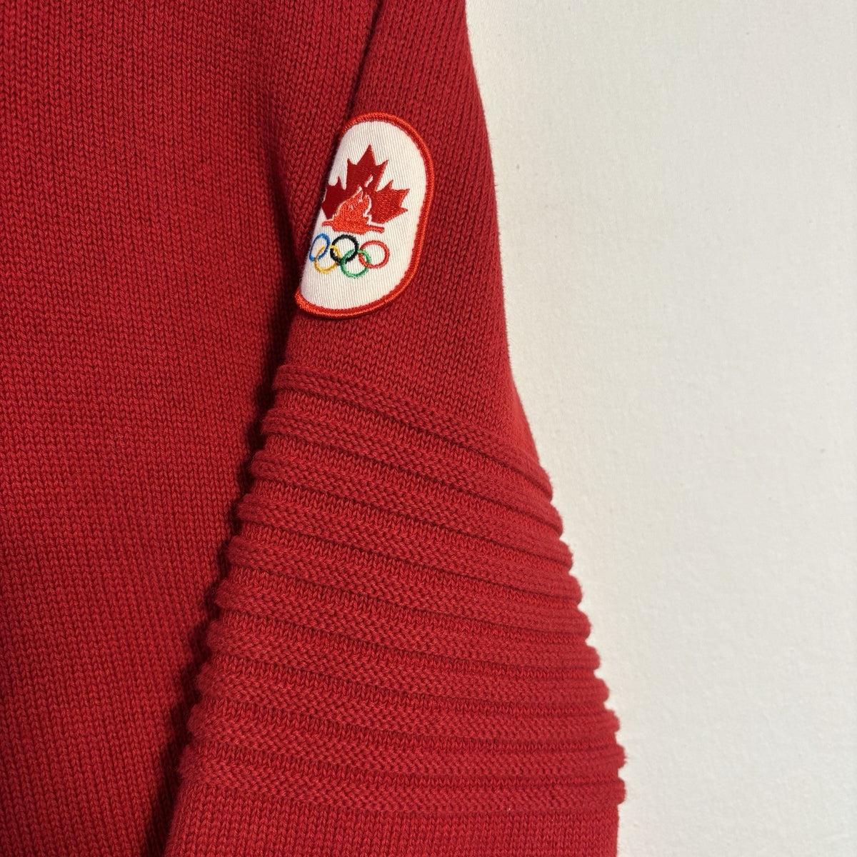 Hudson's Bay Team Canada Red Knit Sweater: Sleeve maple leaf and Olympic rings patch