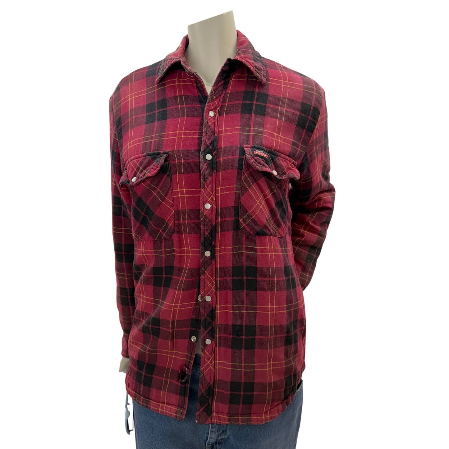 Dickies Mens Red Black Plaid Flannel Shirt Distress workwear Size Small thrashed