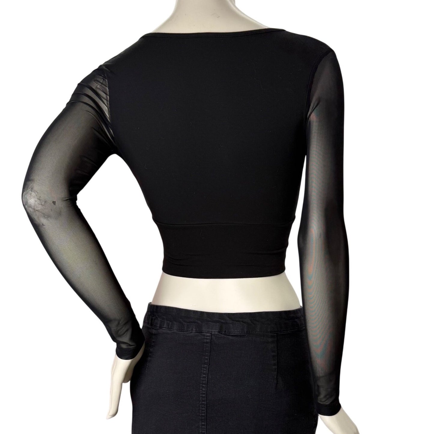 Black Sheer Sleeve Mesh Top Wrap Front V-Neck Crop Top Small Goth Romantic Y2K