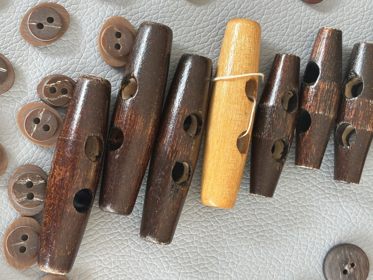 Vintage Wooden Buttons + Toggle. Small New Plastic Buttons Four Hole Two Hole