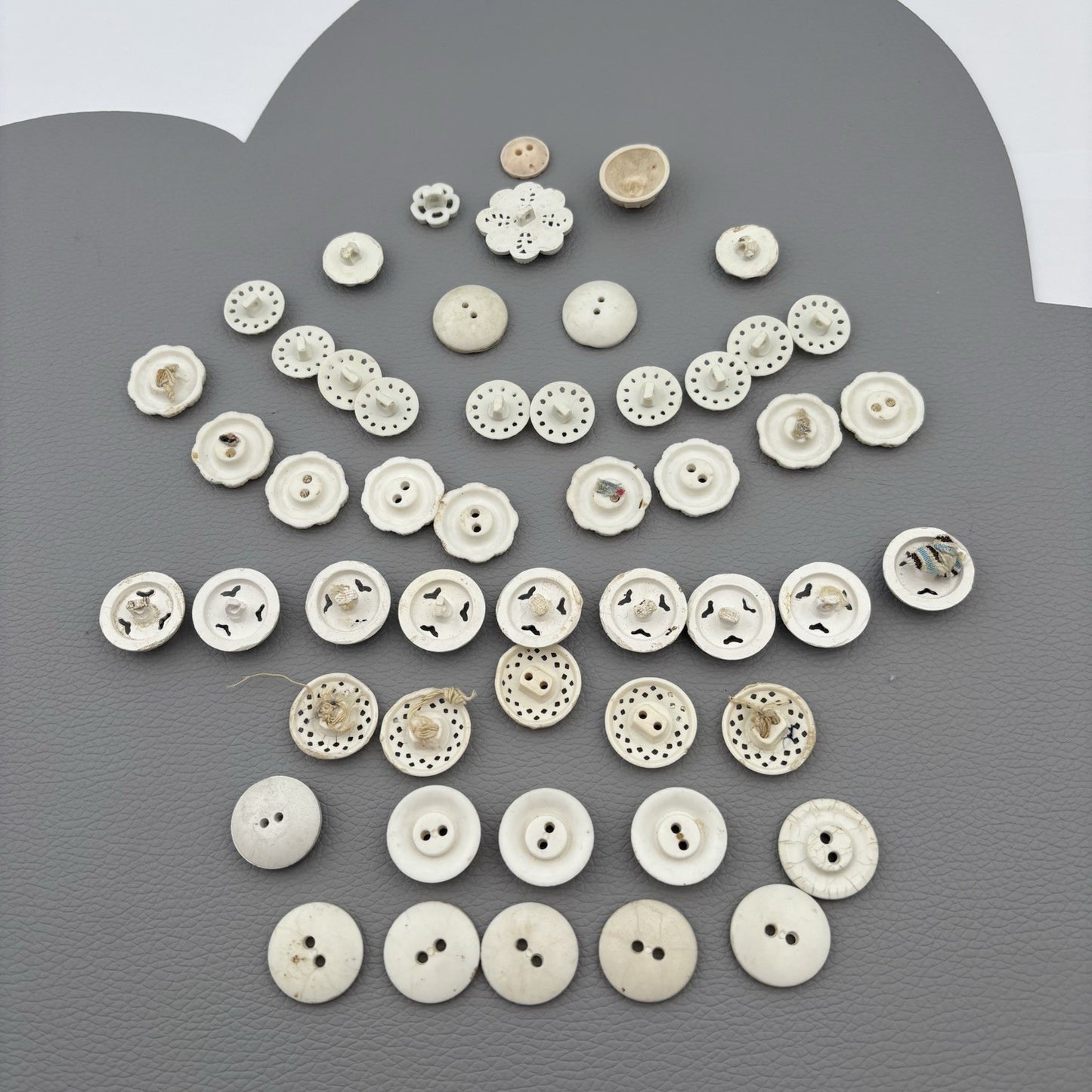 Vintage Carved Early Plastic Buttons – Antique White Floral & Pierced Mix 50 Lot