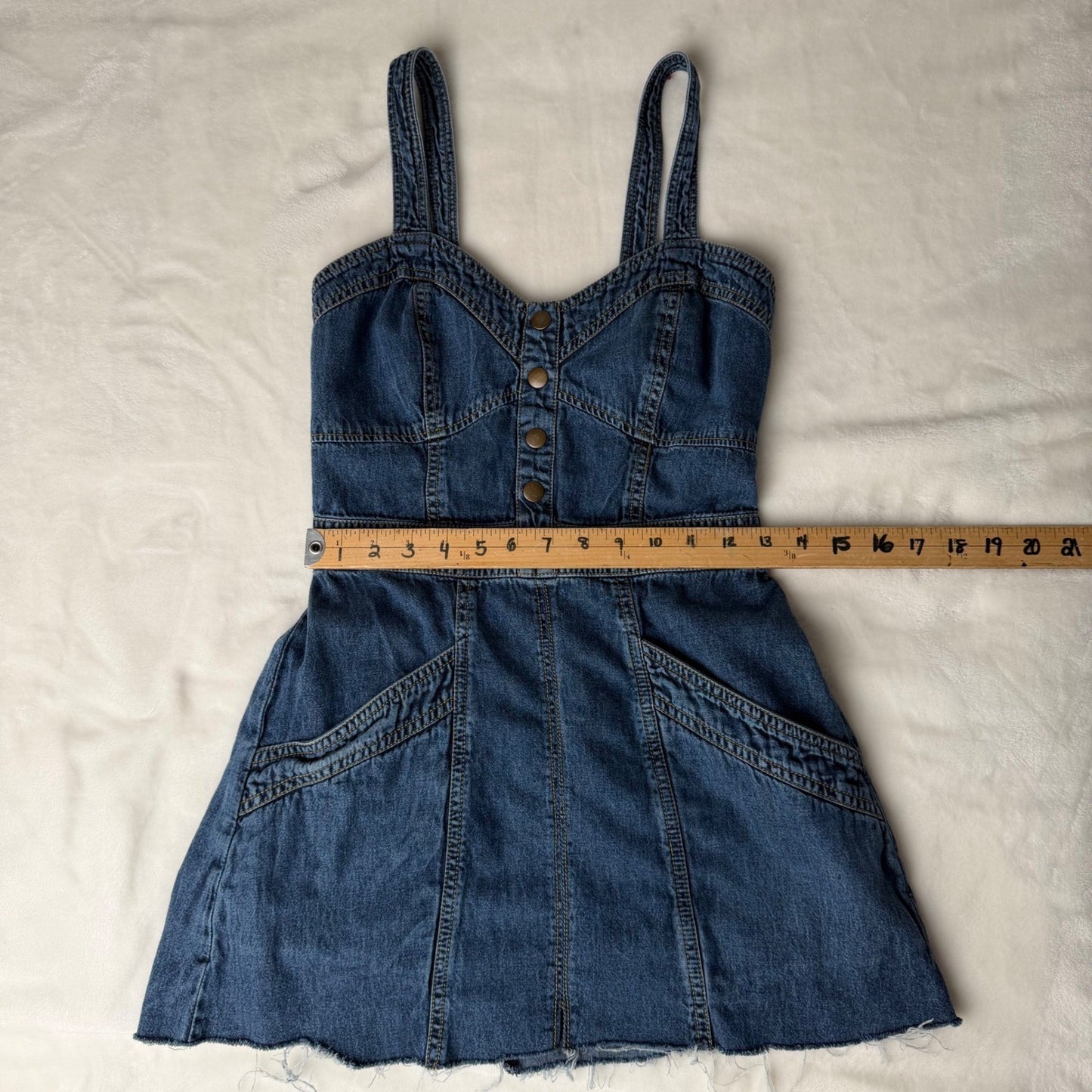 Denim Button Front Mini Dress smocked back Strappy Summer Casual Womens Medium