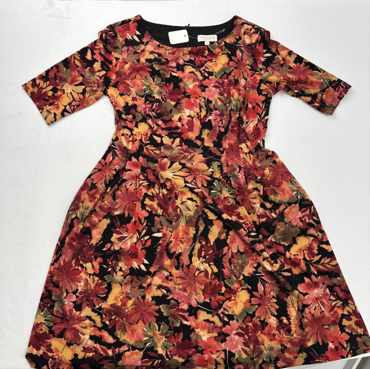 Laura Petites Floral Midi Dress Sz8 Trad Wife 3/4 Sleeve Boatneck Pockets Pleats