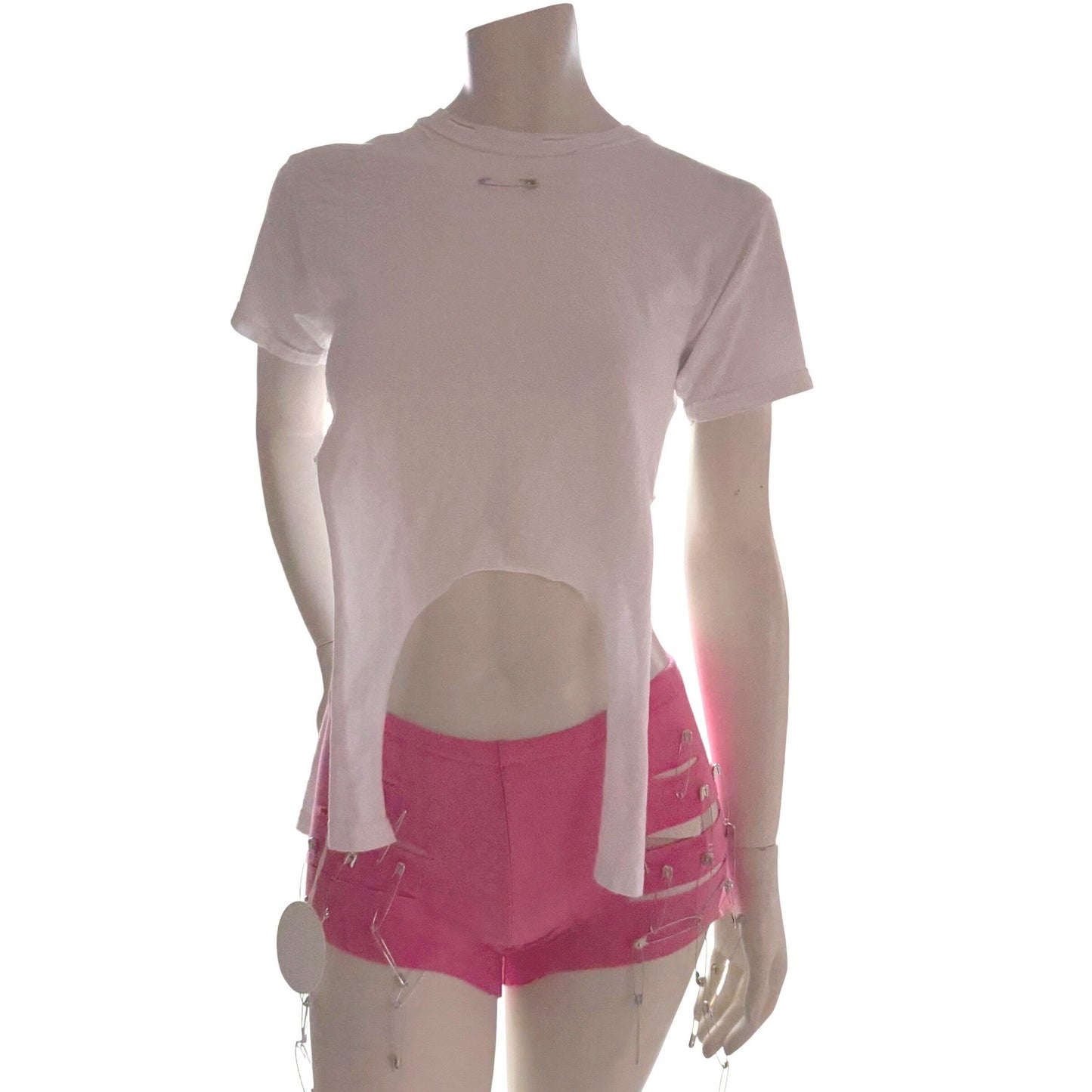 Simpłe NWT Pink Safety Pin Shorts + White CropTop Punk Festival Rave Neon Small