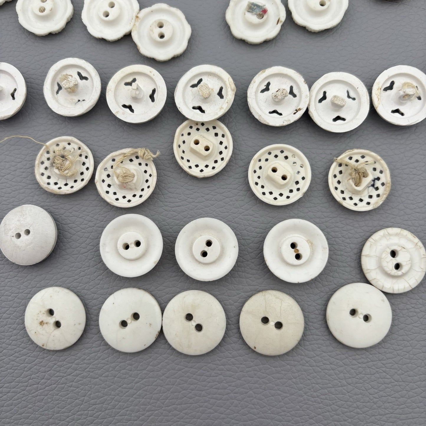 Vintage Carved Early Plastic Buttons – Antique White Floral & Pierced Mix 50 Lot