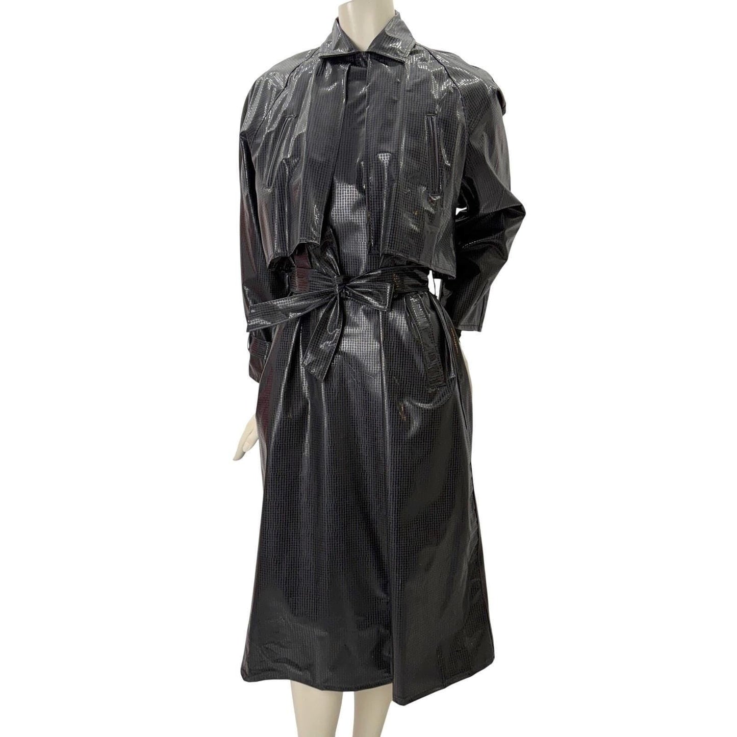 DJI Vintage Vinyl Trench Coat Black Glossy Grid Witchy Matrix Edgy M