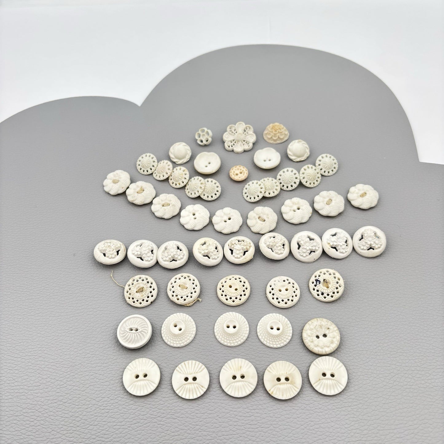 Vintage Carved Early Plastic Buttons – Antique White Floral & Pierced Mix 50 Lot