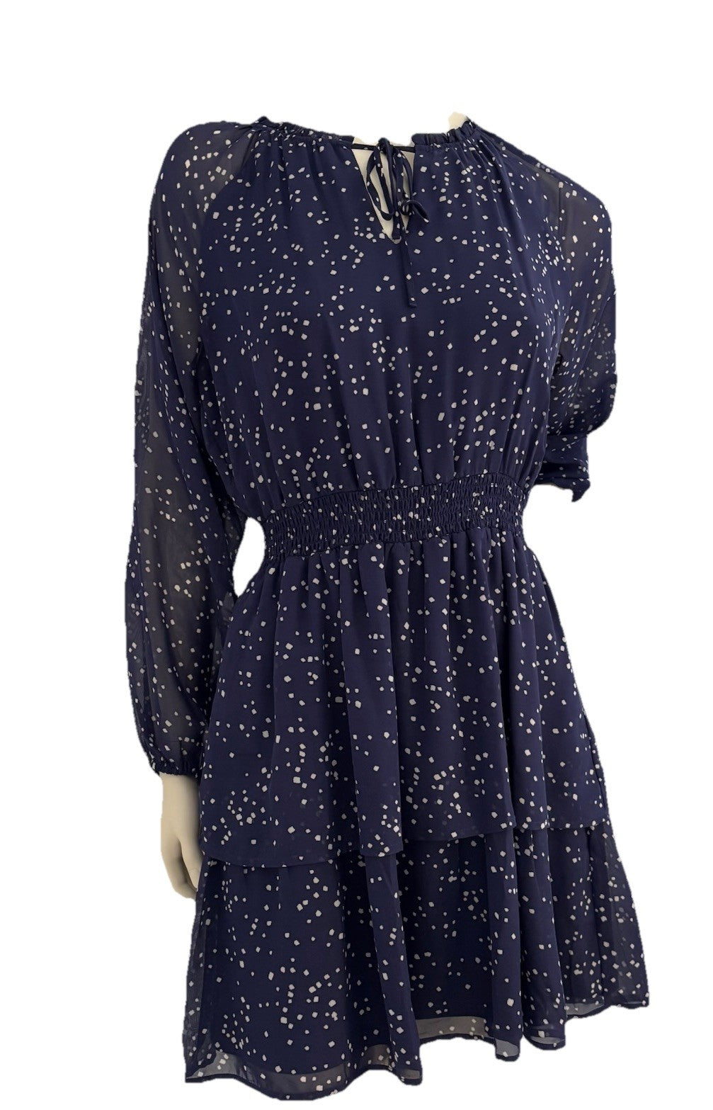 Hilary Radley Navy Print Dress Sz  Lrg Roll Tab Sleeve Drawstring Waist Casual