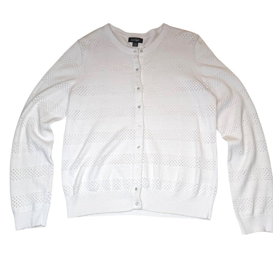 Lord & Taylor Cardigan Pointelle Knit Button Front White Cotton Classic Size L