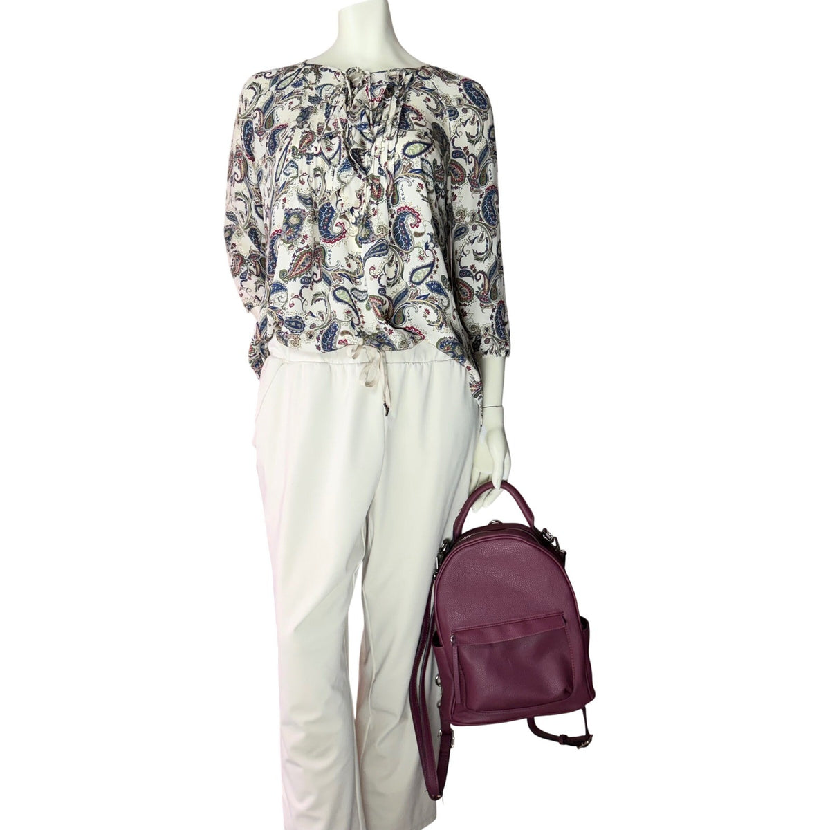 Cozy Neutral Capsule Outfit Paisley Blouse Old Navy Sweater Capri Pants  Bag