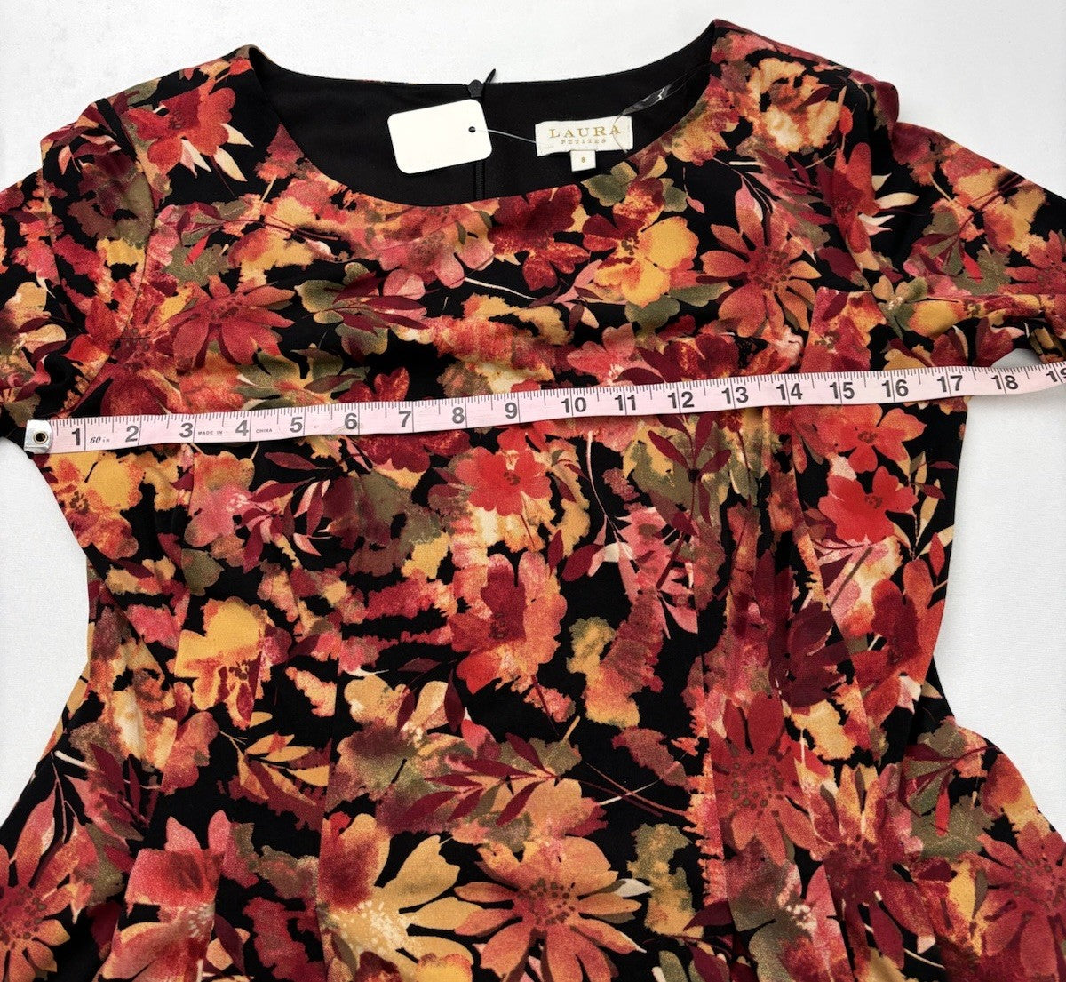 Laura Petites Floral Midi Dress Sz8 Trad Wife 3/4 Sleeve Boatneck Pockets Pleats