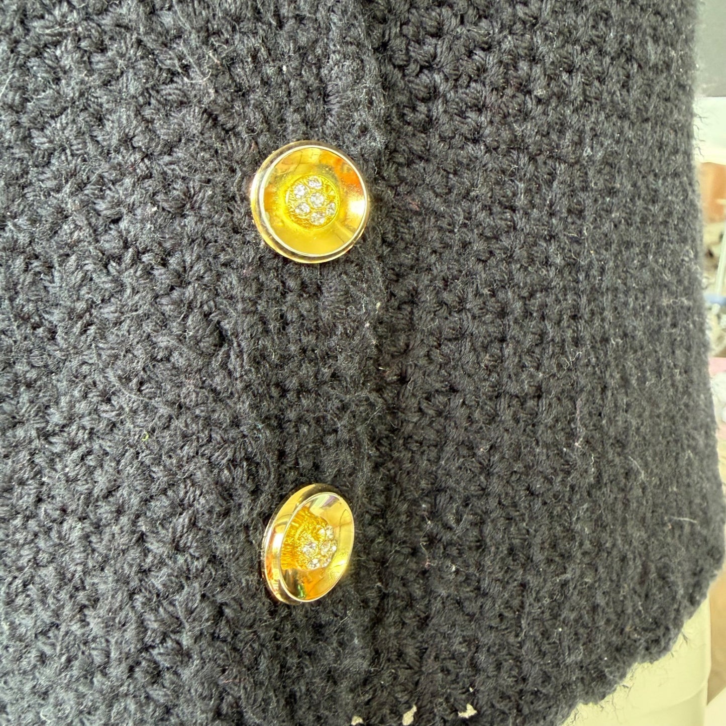 Handmade Vintage Crochet Cardigan Gold Rhinestone Buttons Coquette Black Small