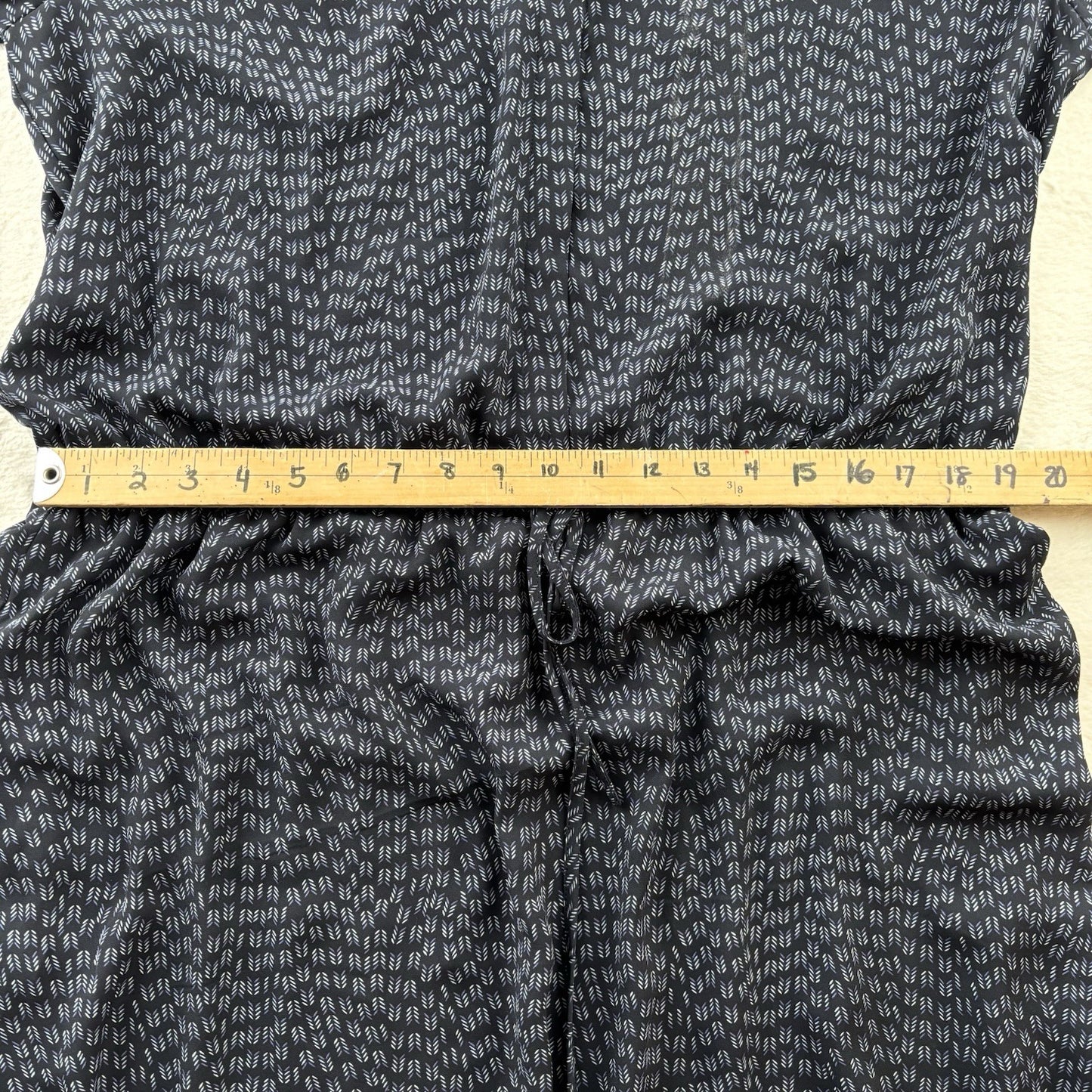Hilary Radley Navy Print Dress Sz  Lrg Roll Tab Sleeve Drawstring Waist Casual