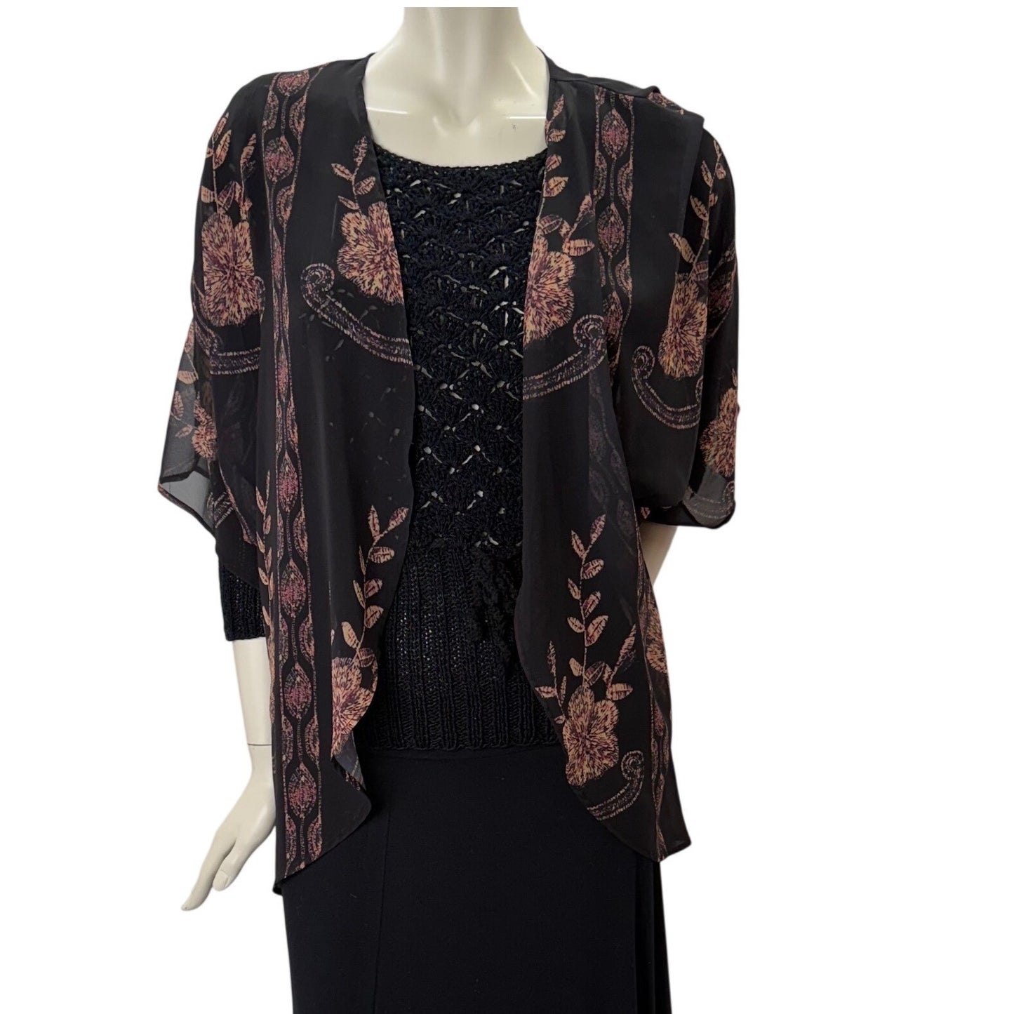 Womens Sheer Black Floral Kimono Wrap Open Front Draped Chiffon Boho Romantic