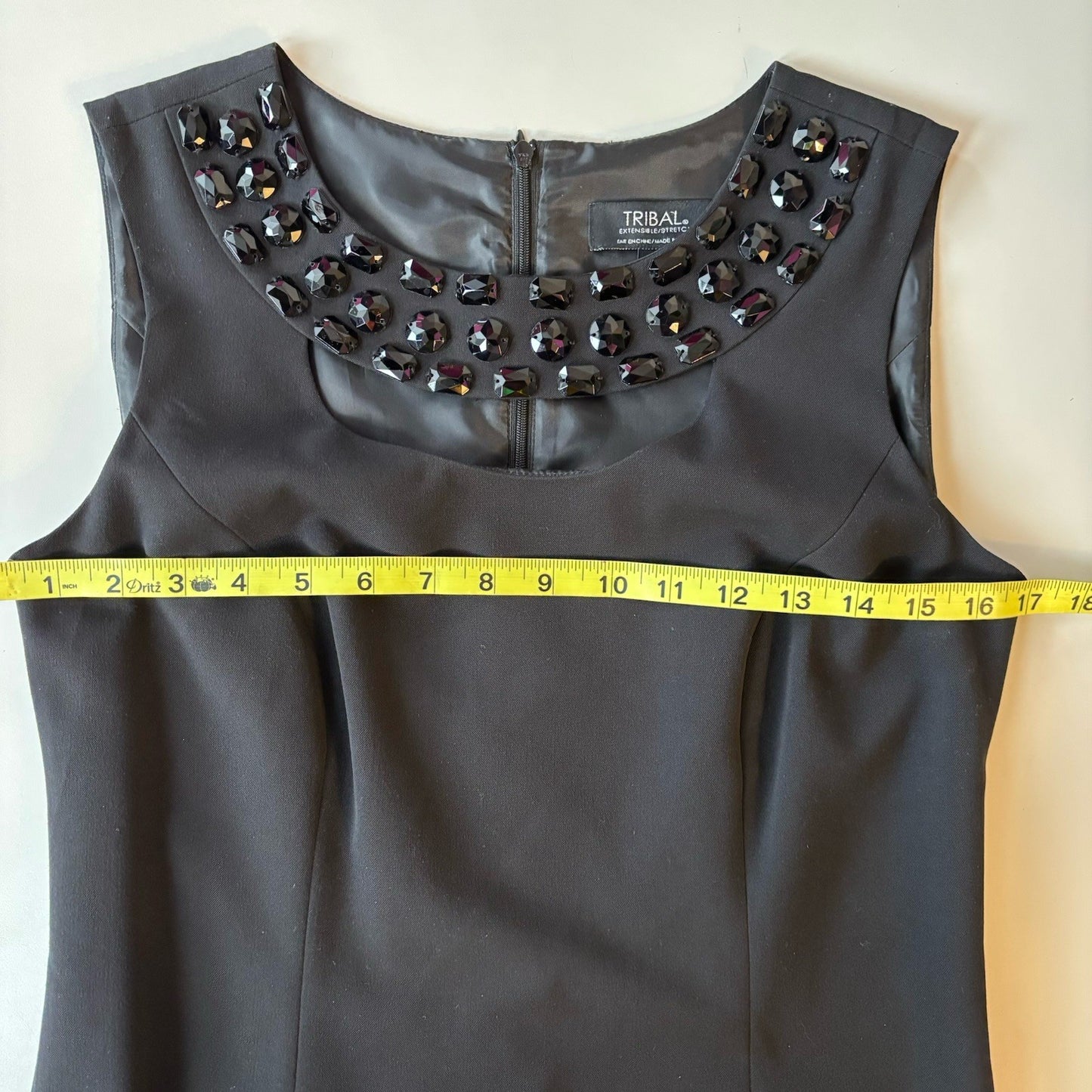Tribal Black Stretch Sheath Dress 6 | Embellished Neckline | Classic LBD