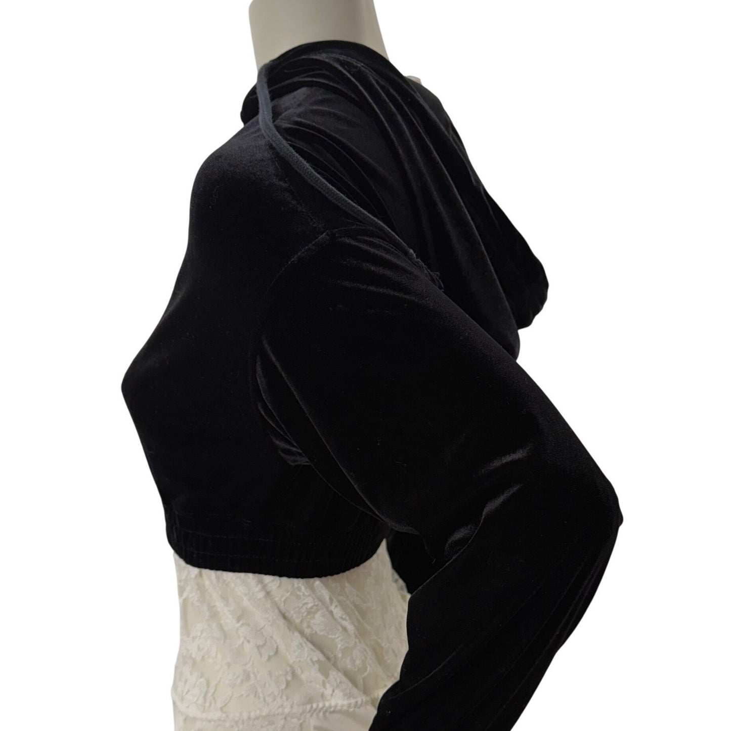 Black Velvet Cropped Zip Up Hoodie Long Sleeve Casual Athleisure Women