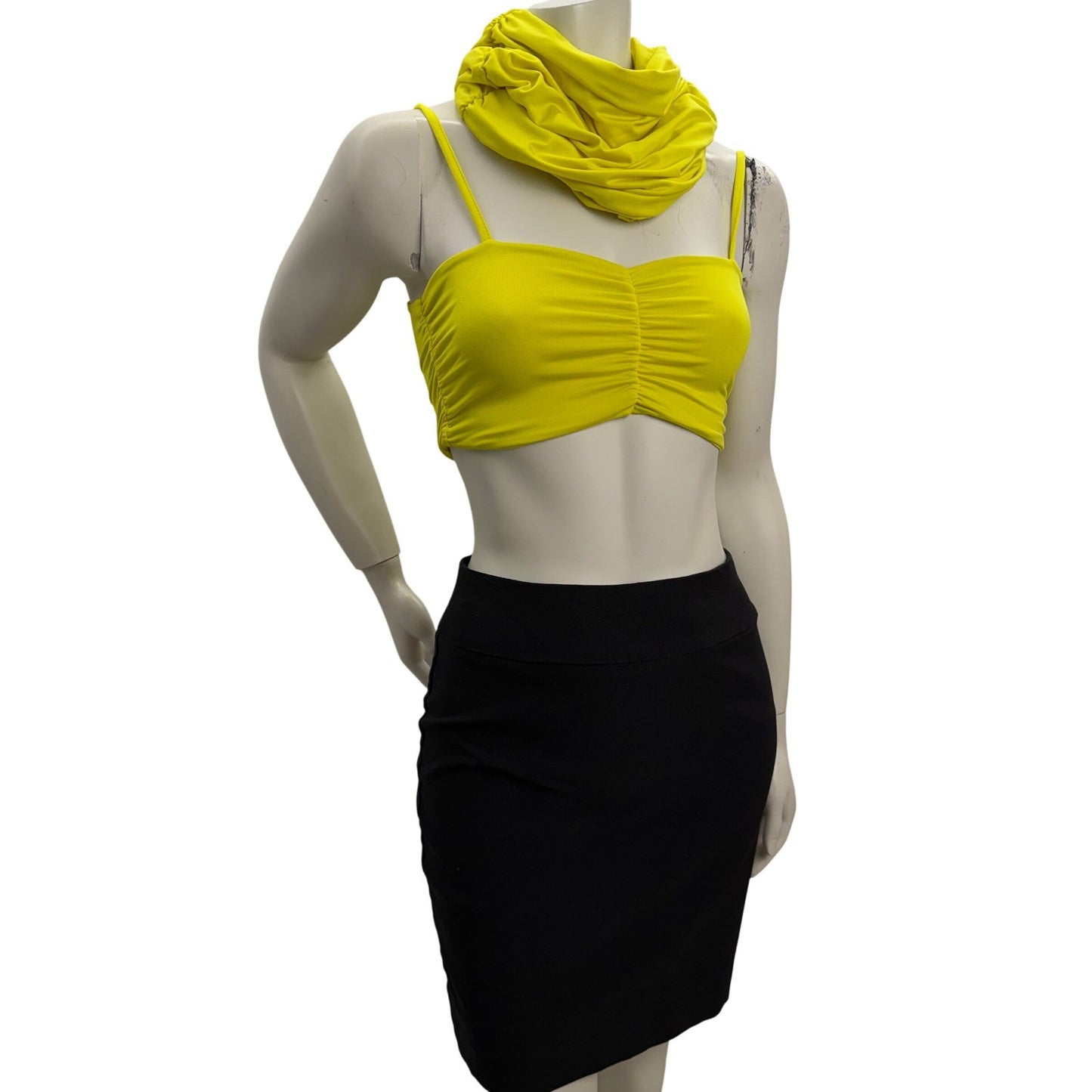 Neon Yellow Body Con Set  + Black Lycra Mini Skirt Club Rave Festival Outfit S