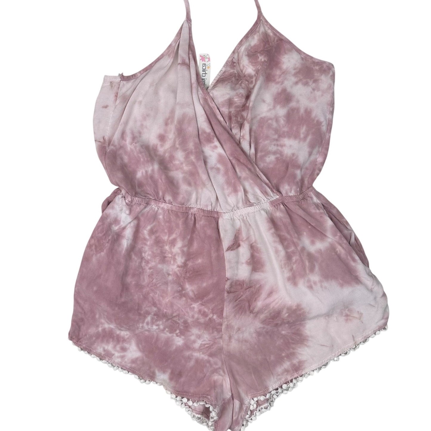 Mimi Chica Romper Tie Dye Halter Pom Pom Trim Boho Festival Mauve Large