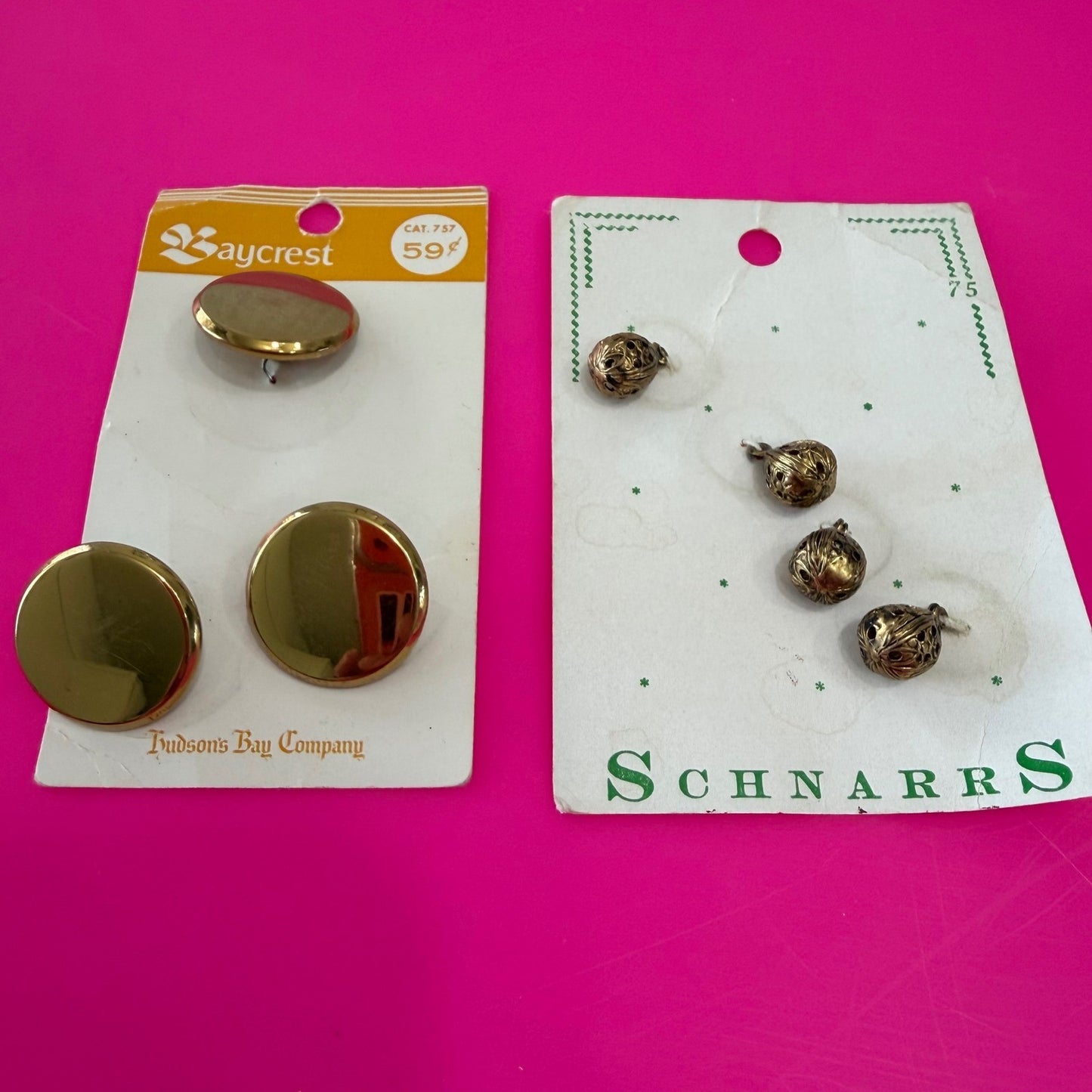 Schnarrs + Baycrest Vintage Gold Metal Buttons Filigree Polished Shank Lot 7pc