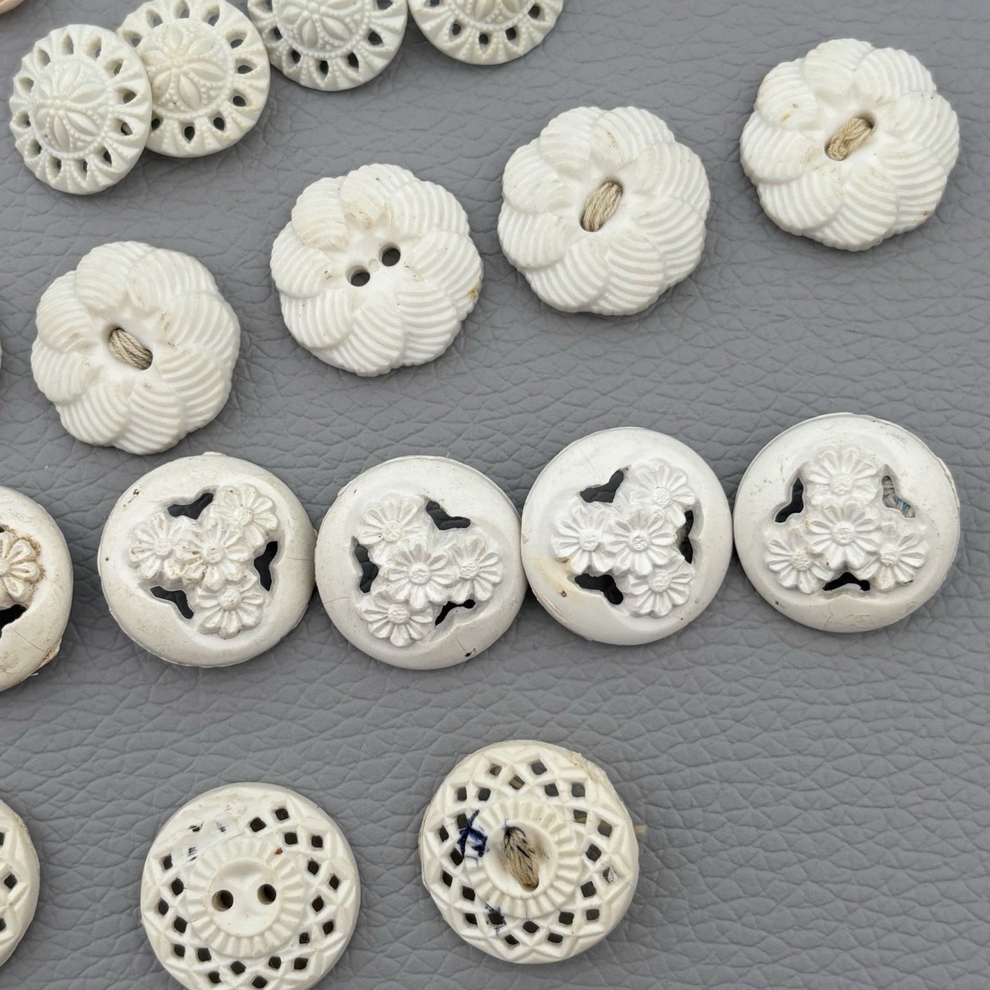 Vintage Carved Early Plastic Buttons – Antique White Floral & Pierced Mix 50 Lot