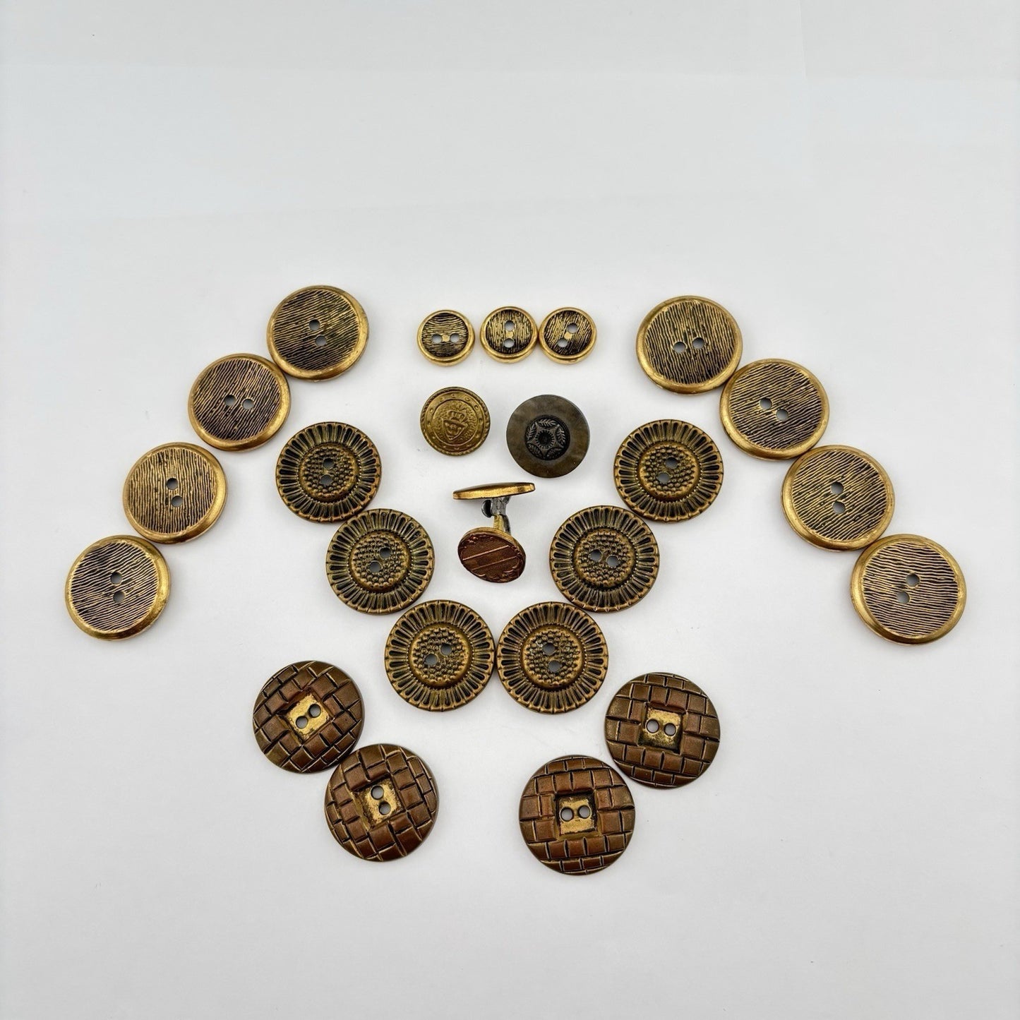 Vintage Brass Button Lot – Etched, Textured & Crest Designs in Bronze Tones, 24